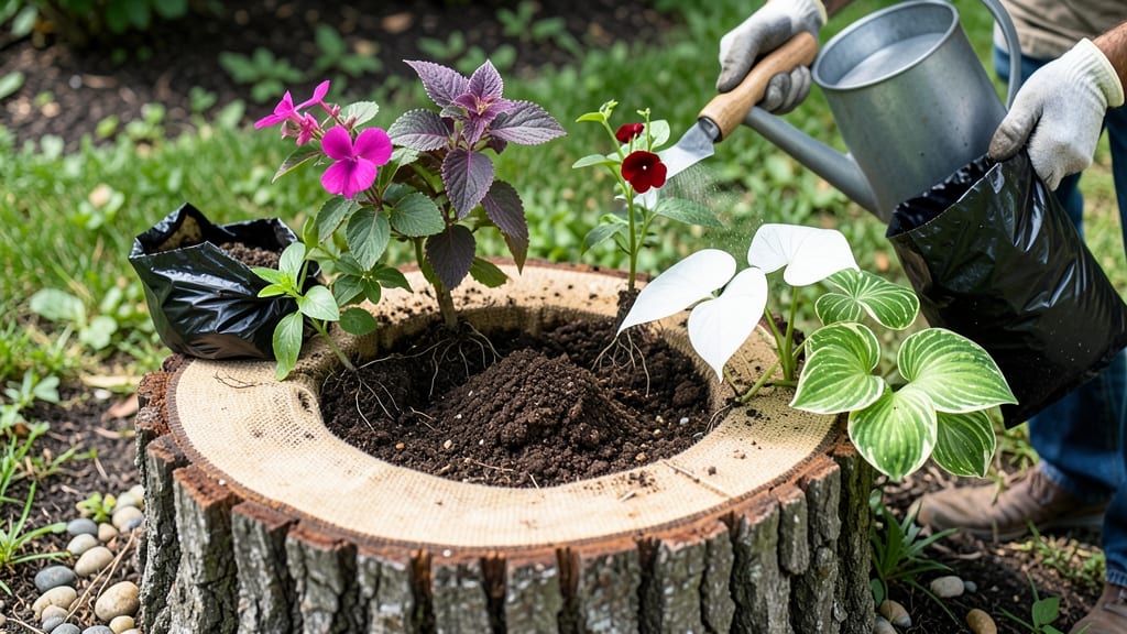 Tree Stump Flower Planting: Vertical Garden Magic in Minutes