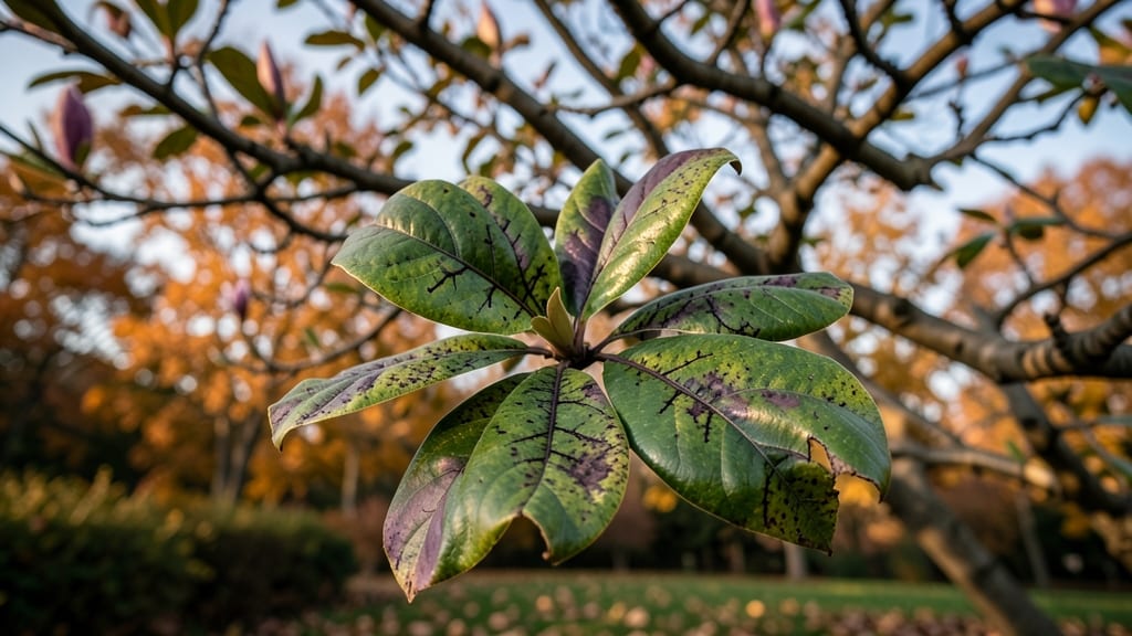 Mottled Green and Purple Leaves on Saucer Magnolias